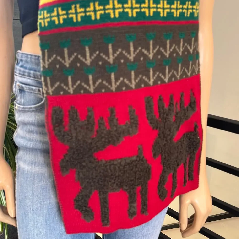 Vintage Fair Isle Knit Blanket Scarf Oversized Holiday Christmas Moose 76